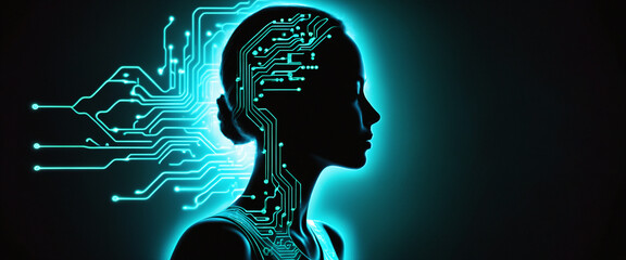 Wall Mural - Futuristic digital woman silhouette with artificial intelligence electronic circuits
