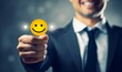 Businessman giving customer service satisfaction rating with happy smile emotion expression face icon Customer satisfaction survey and product evaluation rating, Generative AI