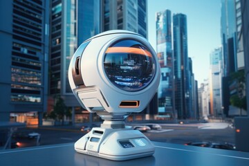 Close up futuristic security camera in street of smart city.