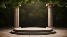Round Stone Platform With Corinthian Pillars And Natural Trees With Shadow Background. Historical And Landmark Object For Advertising Concept. 3D Illustration, Generative AI