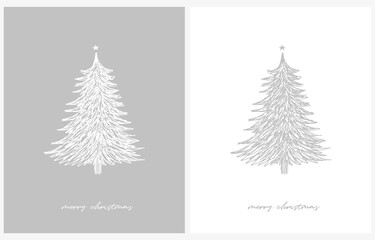 Wall Mural - Merry Christmas Vector Card. Hand Drawn Christmas Tree with Star Isolated on a White and Gray Background. Christmas Illustration in 2 Different Colors. Tree Made of Messy Scribbles.RGB.English Wishes.