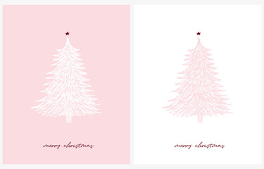 Wall Mural - Merry Christmas Vector Card. Hand Drawn Christmas Tree with Red Star Isolated on a White and Pastel Pink Background. Christmas Illustration in 2 Different Colors. Tree Made of Messy Scribbles.Rgb.