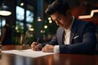Entrepreneur signing papers in a cafe, Business partners make a successful investment deal, Agreement, Signs legal documents.
