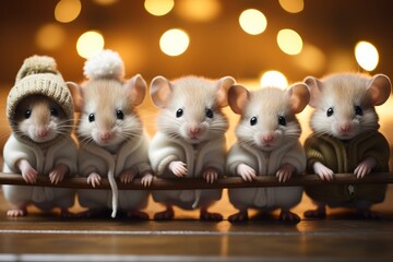 Wall Mural - Cute little Mouse in a row, Christmas atmosphere.