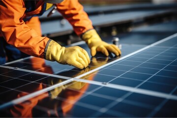 Poster - Close up of the hands of a male worker hands in gloves on solar panel, Technician installing solar panels.