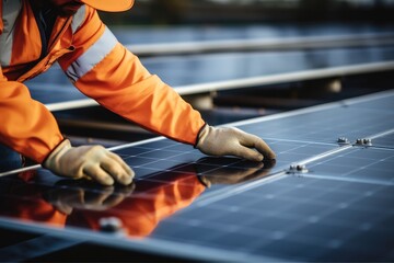 Poster - Close up of the hands of a male worker hands in gloves on solar panel, Technician installing solar panels.
