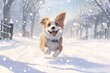 A joyful dog running through swirling snowflakes