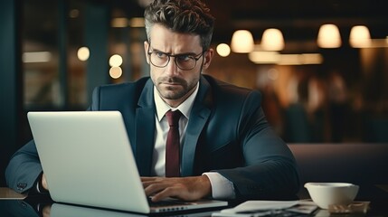 Wall Mural - Businessman working at computer with serious face.