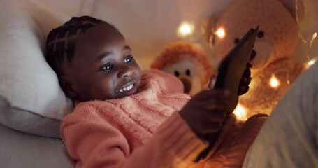 Poster - Girl, tablet and child in bedroom at night gaming with online, mobile app or typing on internet, website or social media. African kid, playing and search for games to relax on technology in home