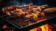 cooking grilled skewers over flame