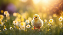 Small Yellow Chick On Field With Grass And Flowers
