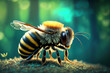 Biene als Makroaufnahme orange leuchtend vor einem unscharfen Hintergrund aus grünen Wald oder Garten. Honig Sammlerin und Schwarmtier, Insekt des Sommers in einer natürlichen gesunden Umgebung.