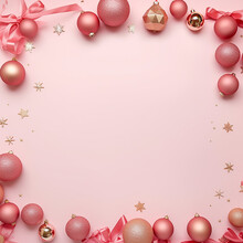 Christmas Background With Pink Baubles, Ribbons And Confetti.