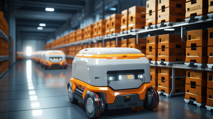 Leinwandbilder - Robotic carriers move goods in a modern warehouse.