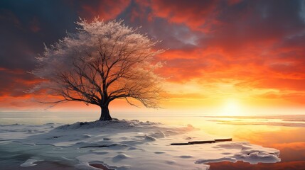 Wall Mural - sky snow ice sunset lone illustration nature suncold, tree blue, sun background sky snow ice sunset lone