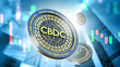 CBDC money. Background with blockchain coins. CBDC coins near financial chart. Central bank digital currency. State blockchain money. CBDC coins among skyscrapers. Digitalization of economy. 3d image
