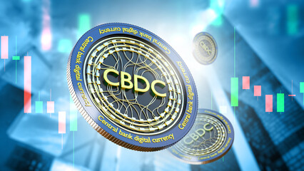 Poster - CBDC money. Background with blockchain coins. CBDC coins near financial chart. Central bank digital currency. State blockchain money. CBDC coins among skyscrapers. Digitalization of economy. 3d image