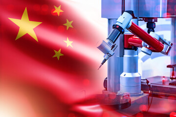 Poster - Industry of China. Hand manipulator. High-tech industrial machine. Chinese flag near industrial equipment. Equipment for production of computer parts. High-tech production in China. Factory