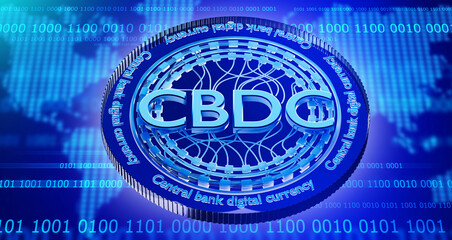 Poster - CBDC finance. Central bank digital currency. Introduction of national blockchain money. Crypto economy. CBDC investments. Exchange of fiat money to CBDC concept. Electronic government money. 3d image