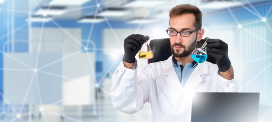 Poster - man doctor in laboratory. medic with tubes. guy doctor sitting at table. medic studies effects drugs