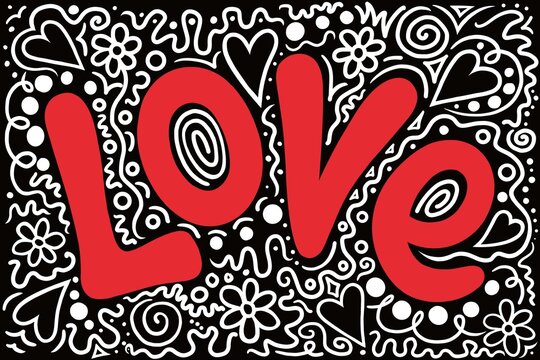 Red love text writing drawn in a quirky modern style. The word is surrounded by quirky, black and white squiggles, shapes and line work, a trendy, young vibe. A fun, cartoon, graffiti style image. 