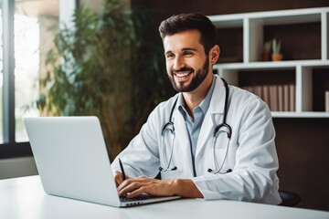 Doctor consults patient online via laptop in hospital using video call. Laptop, office and portrait of doctor typing or working on research.