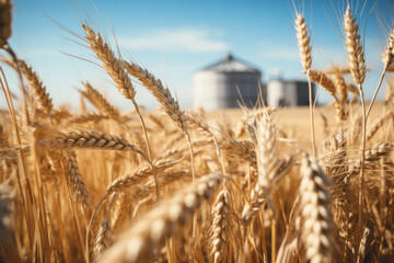 Wheat ears on a backdrop of silos towers. Silos on a wheat fields. Storage of agricultural production.