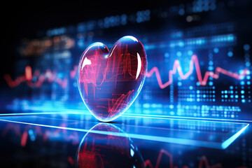 neon heart on the background of a blurred screen with heart rate waves. concept of medicine and heal