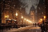Fototapeta Londyn - Early Morning Winter Wonderland: A City Street Transformed by Fresh Snowfall and Christmas Lights at Dawn