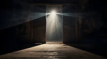 Light Entering Through Open Door To A Dark Empty Room, Rustic Wooden Floor