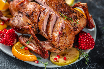 Canvas Print - Christmas Roast duck breast with fruits. Concept food menu