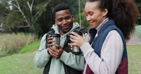 Poster - Camping, coffee and couple relax in a forest, happy and talking while bonding in nature. Love, smile and young people at a camp site with tea, freedom and conversation, travel and enjoy adventure