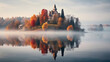 Lake with island and castle in europe on early morning with morning fog on the water surface