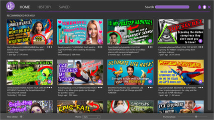 Clickbait concept. Fictitious video sharing browser. My own original, generic design.