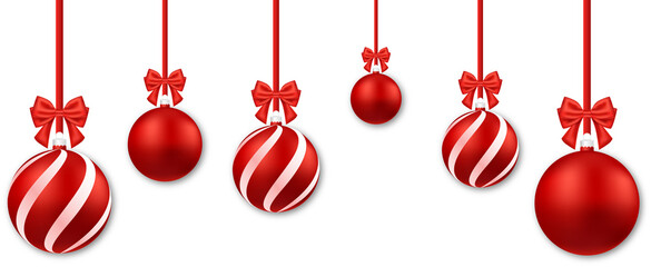 Poster - Christmas background with red Christmas balls and bows on transparent background. New Year illustration for your design. PNG image