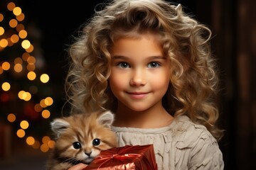 Wall Mural - curly smiling girl with gift