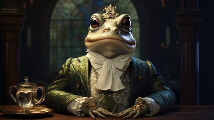 Wall Mural -  a frog dressed as a king sitting at a table with a glass of tea in front of him and a teapot in front of him on a wooden table.  generative ai