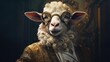  a sheep with glasses on it's head and a suit on it's chest, in front of a painting of a man with a goat's head.  generative ai