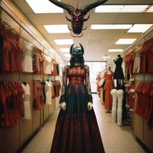 A Woman Wearing A Lacy Dress Standing In The Lingerie Department Of A Shop. Underwear Store. A Woman Wearing Satan Face Mask. Horns. Faith, Religion. Devil. Levitating Satan Mask. Lace Garment