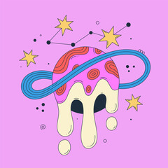 Wall Mural - Vibrant vector illustration with abstract patterned planet, constellation on pink background. Bright galactic. Cartoon space. Playful, surreal, colorful style. Notebook cover, poster, t-shirt print