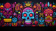 perfectly symmetrical graffiti doodle art in Tucson Street Mural, neon glowing colorful, on wall, coloring book, skull pattern, vivid colors gouache