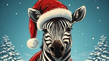  A Zebra Wearing A Santa Hat And Standing In The Snow With A Christmas Tree And Snowflakes On It's Back And A Blue Background With Snowing Trees And Snowing.  Generative Ai