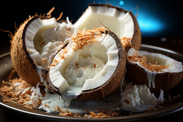 Fototapete - A scoop of coconut-flavored ice cream served in a halved coconut shell, topped with shredded coconut. 