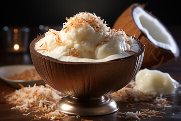 Aufkleber - A scoop of coconut-flavored ice cream served in a halved coconut shell, topped with shredded coconut. 