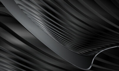 Poster - Abstract futuristic black metallic background with waved design. Abstract 3d luxury black curve background. Parallel lines. Black curvy pattern surface. Warped metallic stripes. Premium Vector EPS10.