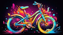  A Painting Of A Bike With Colorful Paint Splatters On The Side Of The Bike And On The Back Of The Bike Is A Black Background With A Splash Of Multi - Colored Paint.  Generative Ai