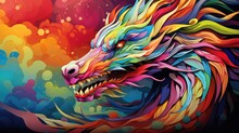  A Colorful Painting Of A Wolf With Its Mouth Open And Eyes Wide Open, With The Colors Of The Rainbow And Red And Yellow On The Left Side Of The Wolf's Head.  Generative Ai