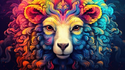 Wall Mural -  a close up of a sheep's face with a multicolored pattern on the sheep's face and the sheep's head is looking straight ahead.  generative ai