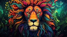  A Painting Of A Lion's Head With Multicolored Lines On It's Face And A Green, Blue, Yellow, Red, Orange, And Purple, And Green Background.  Generative Ai