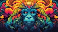  A Colorful Monkey's Face With A Sun In The Middle Of It's Head And A Flower In The Middle Of Its Head, On A Black Background Is A Multi - Colored Background.  Generative Ai